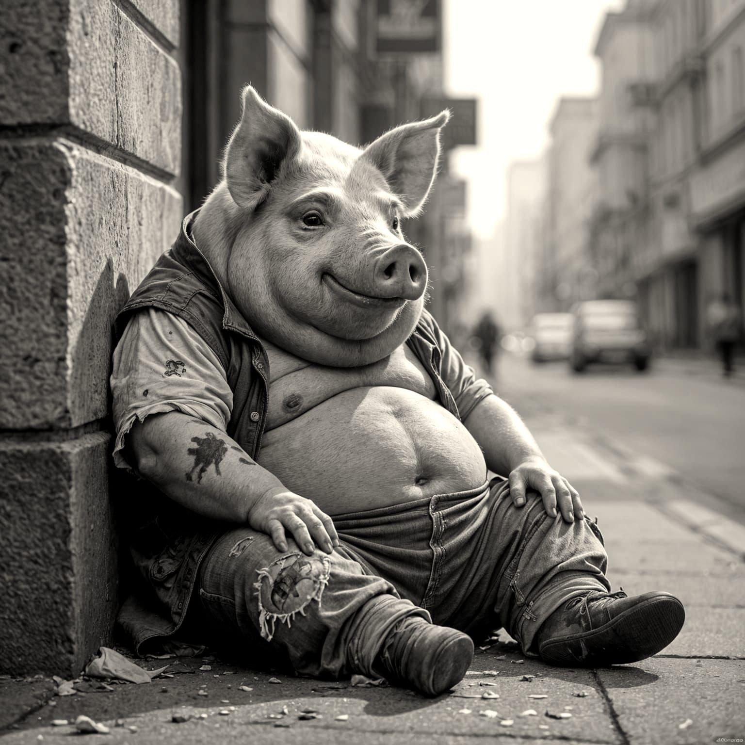 Wounded Anthropomorphic Pig in Airbrush Style