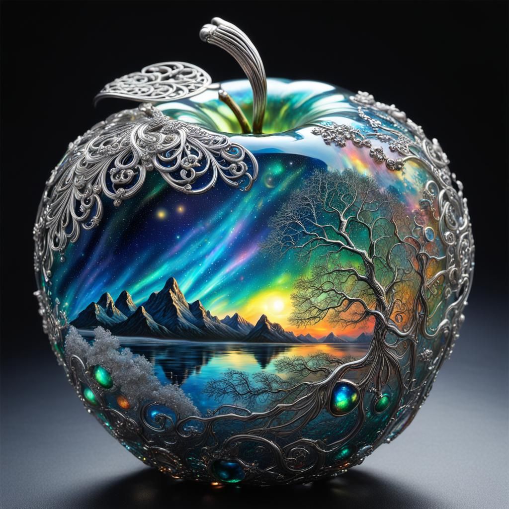Aurora Borealis Inside Silver Apple: Holographic Art