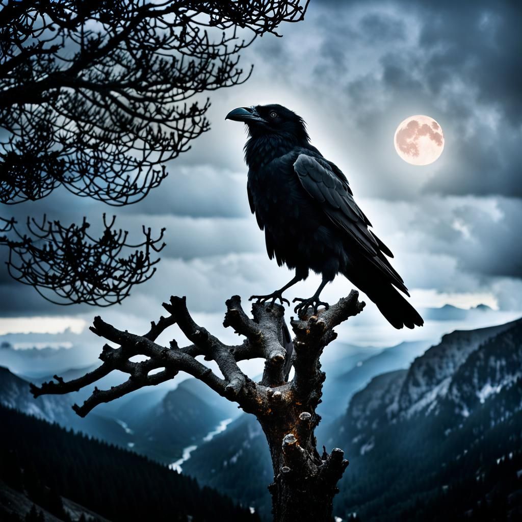 Raven Logo with Mountain in Photographic Style