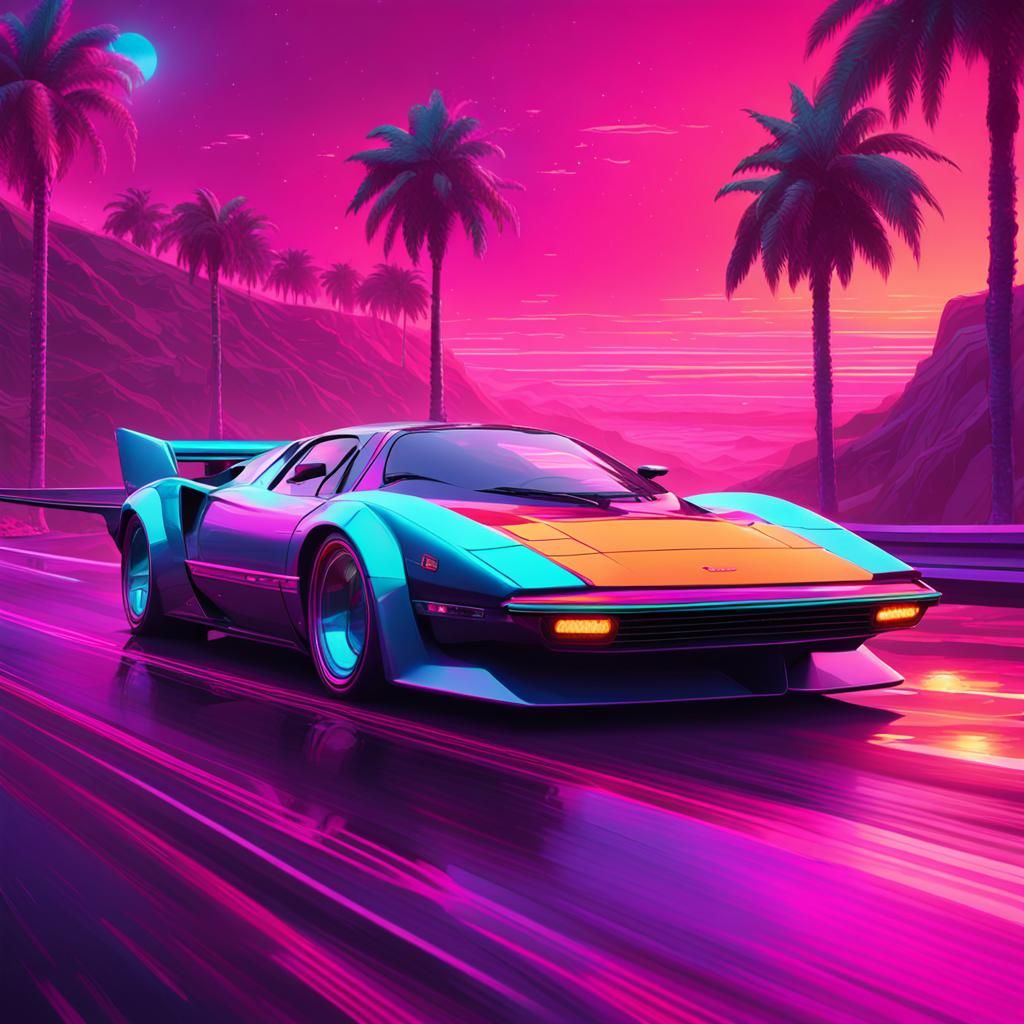 Retro Hypercar on Highway in Synthwave Style