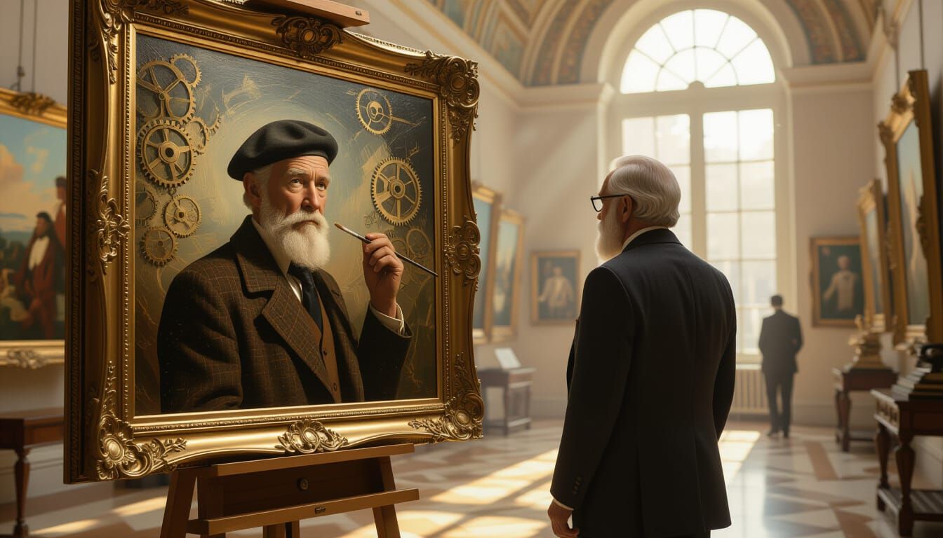 Elderly Man Gazing at His Younger Self, Hyperrealistic Style