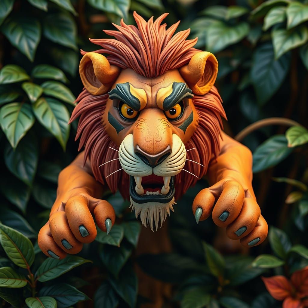 Vibrant Claymation Lion in Lush Jungle