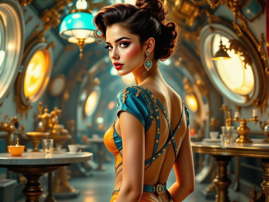 Retro Sci-Fi Pin-Up Girl in Epic Space Ship