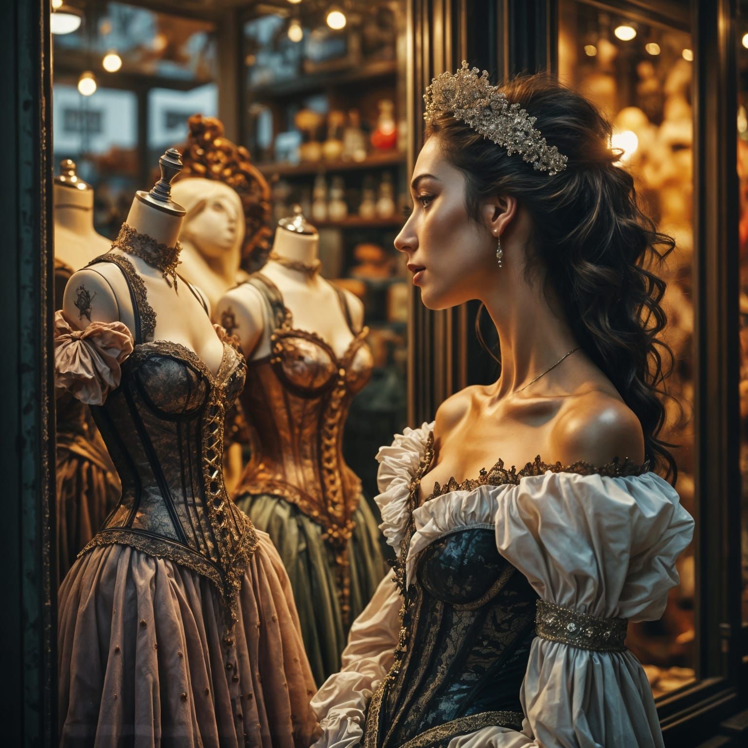 Woman Admiring Corset in Window: Photorealistic Film Still