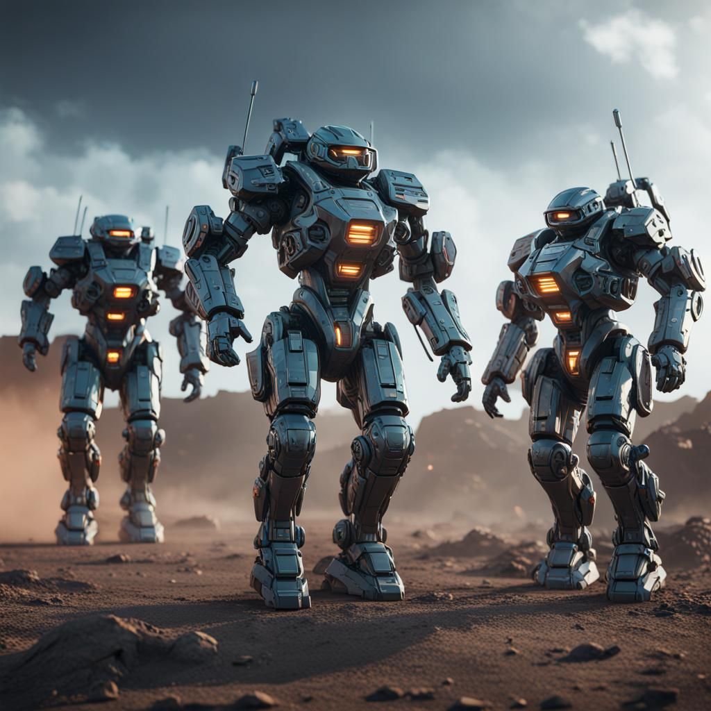 Mech Suit Army in Futuristic Sci-Fi Landscape