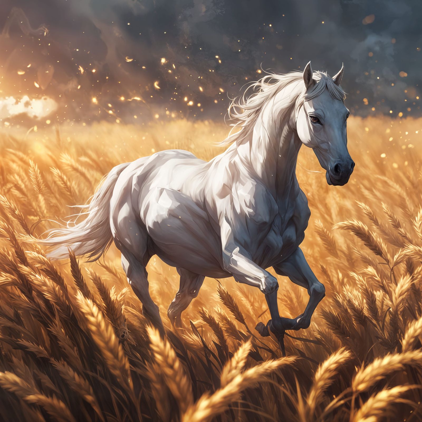 Majestic White Horse in Golden Wheat Field under Warm Sunset