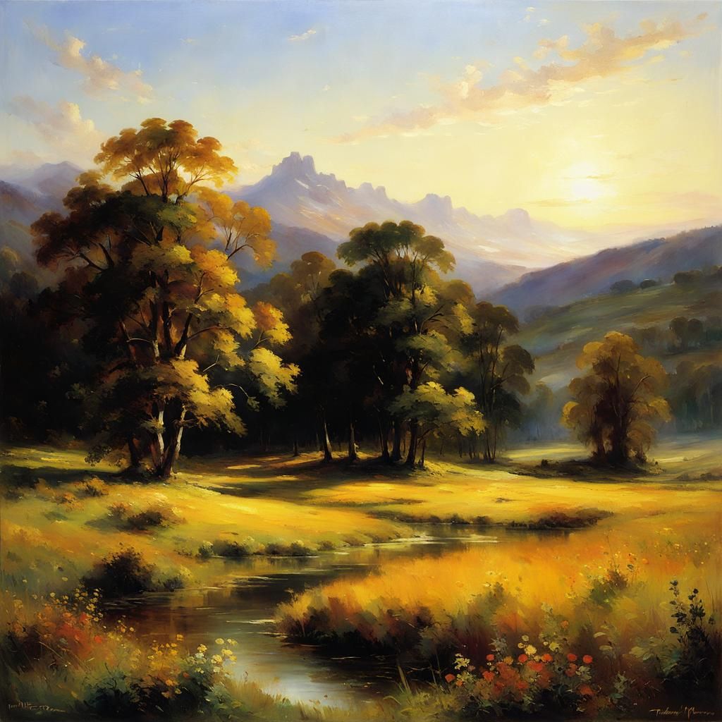 Golden Hour Meadow in Landscape Painting Style