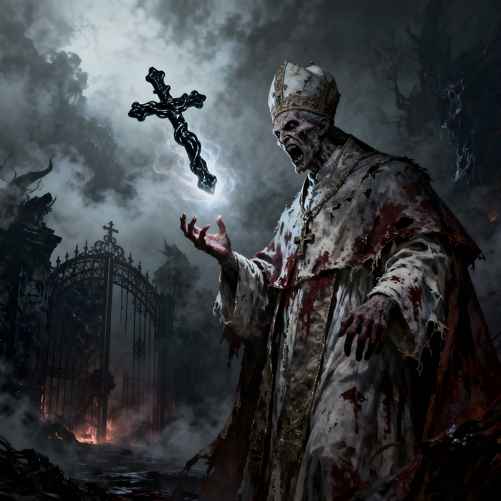 Demonic Pope at Gates of Hell in Gustave Doré Style