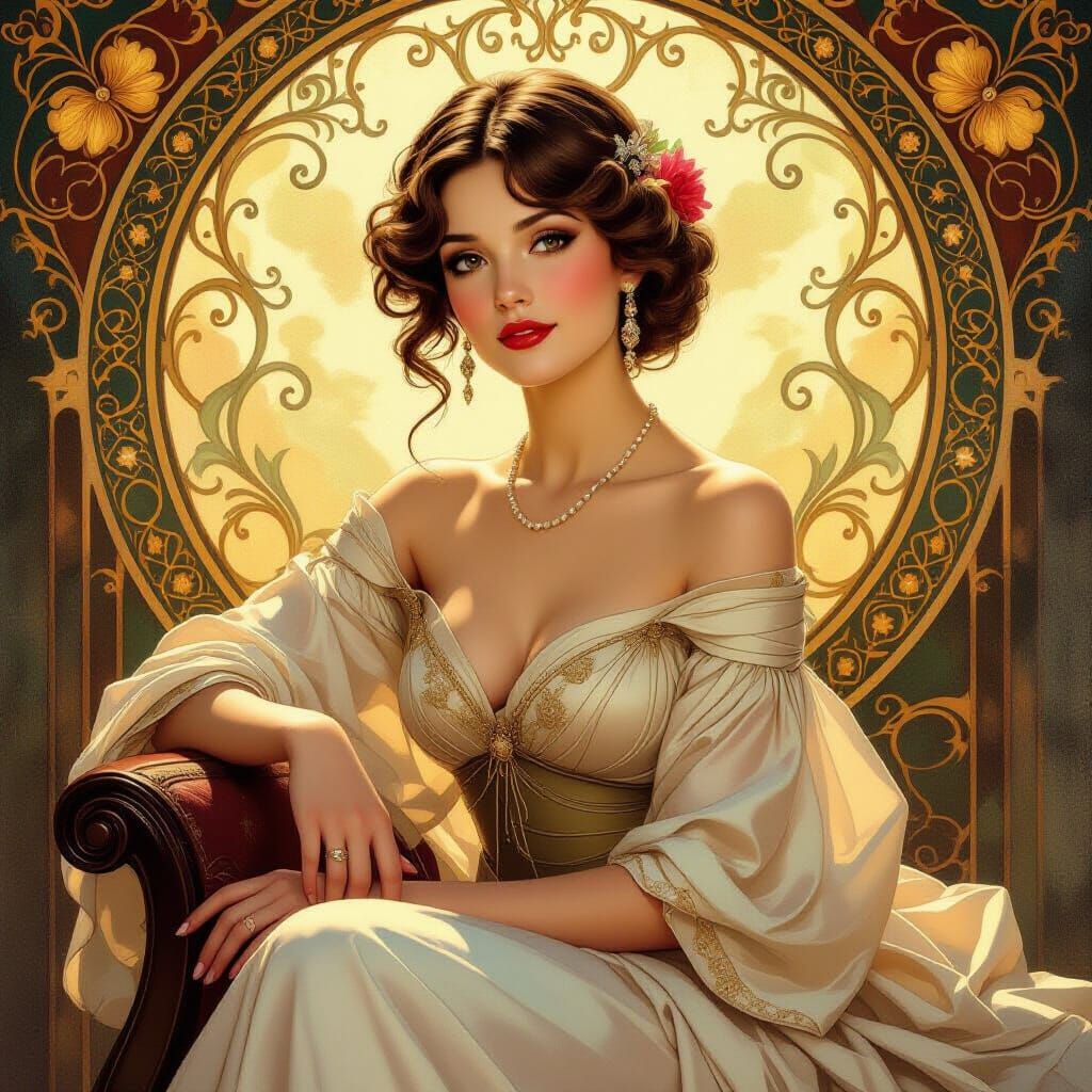 Elegant Woman in Art Nouveau Oil Painting Style