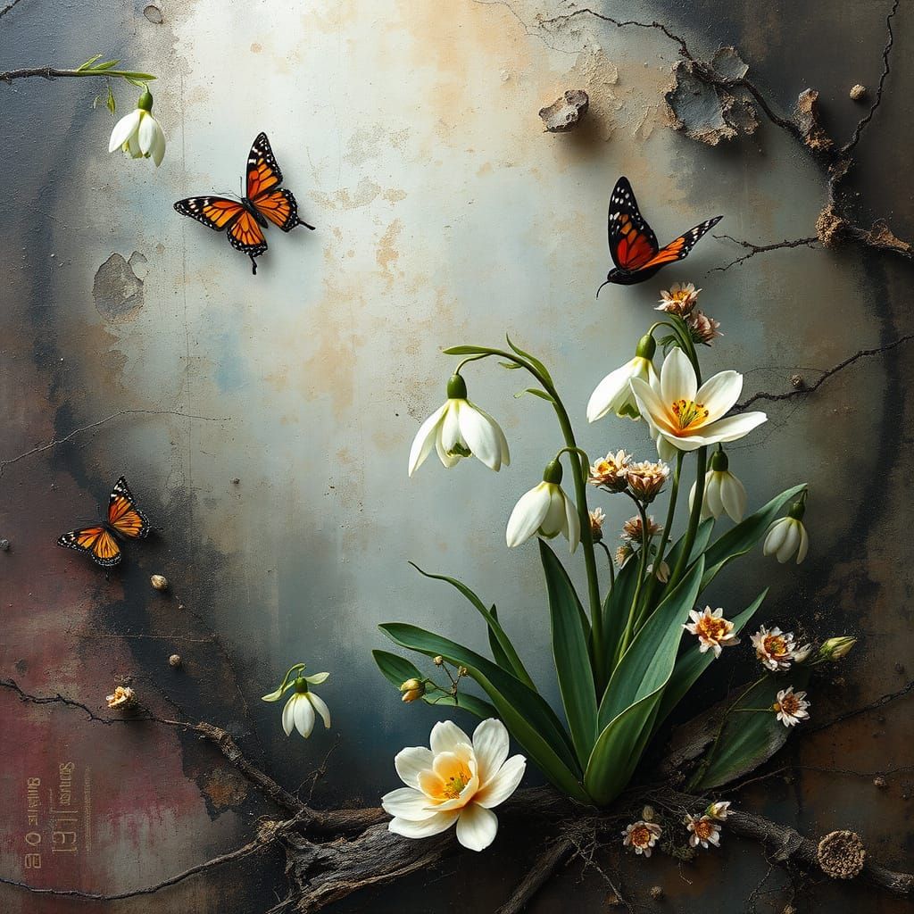 Dreamlike Snowdrop Scene in Abstract Surrealist Art