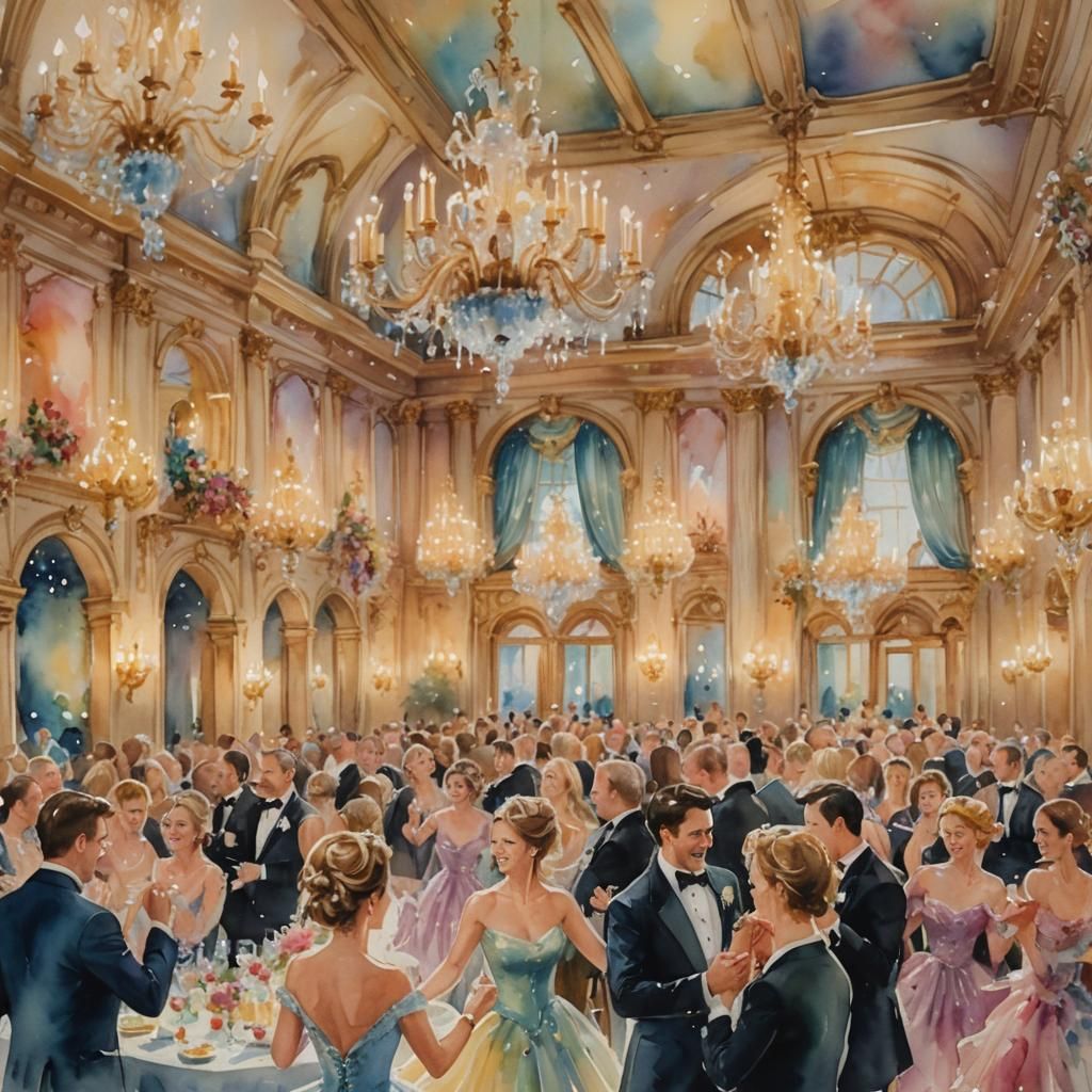 Whimsical Watercolor Ballroom Scene with Dancing Guests