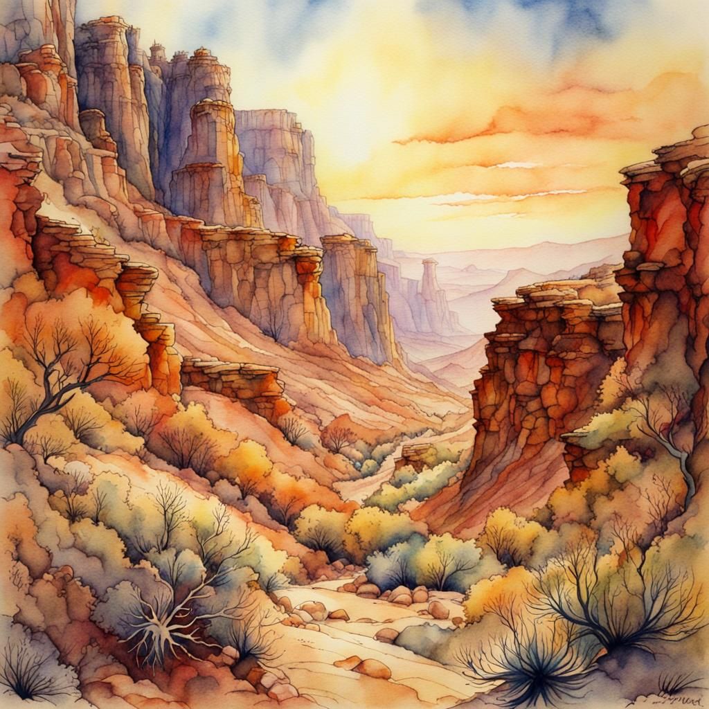 Desert Canyon Fairytale in Watercolor Style