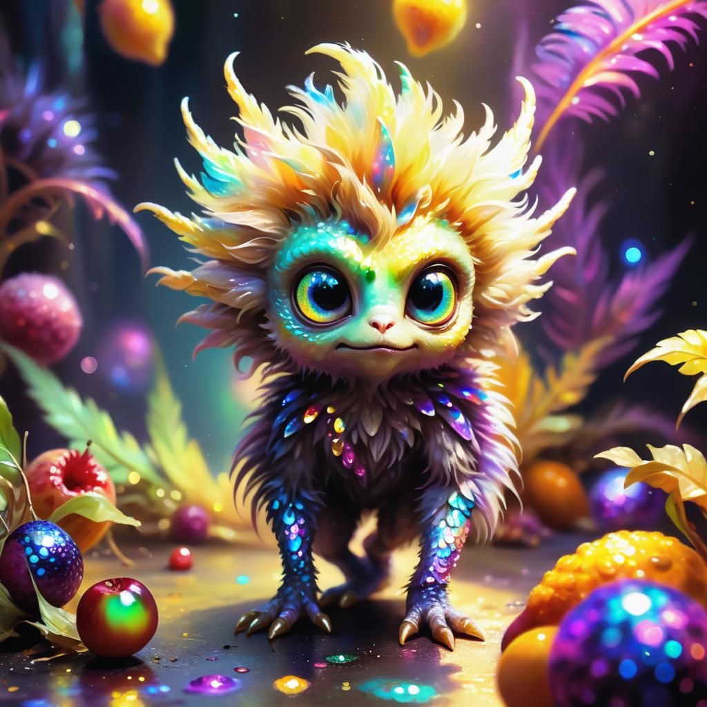 Fluffy Alien Eats Fruit: Pixar-Style Concept Art