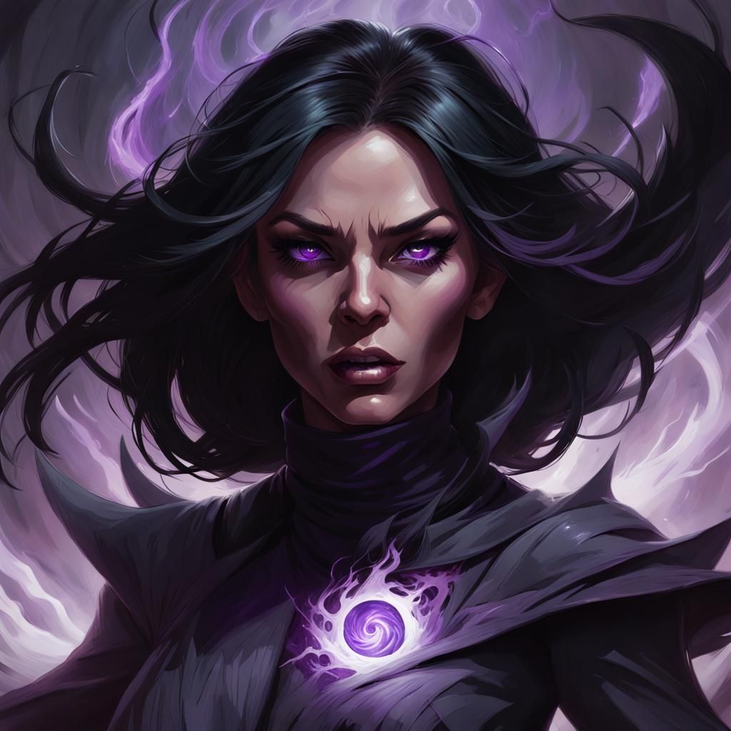 Shadowy Sorceress Portrait with Purple Energy