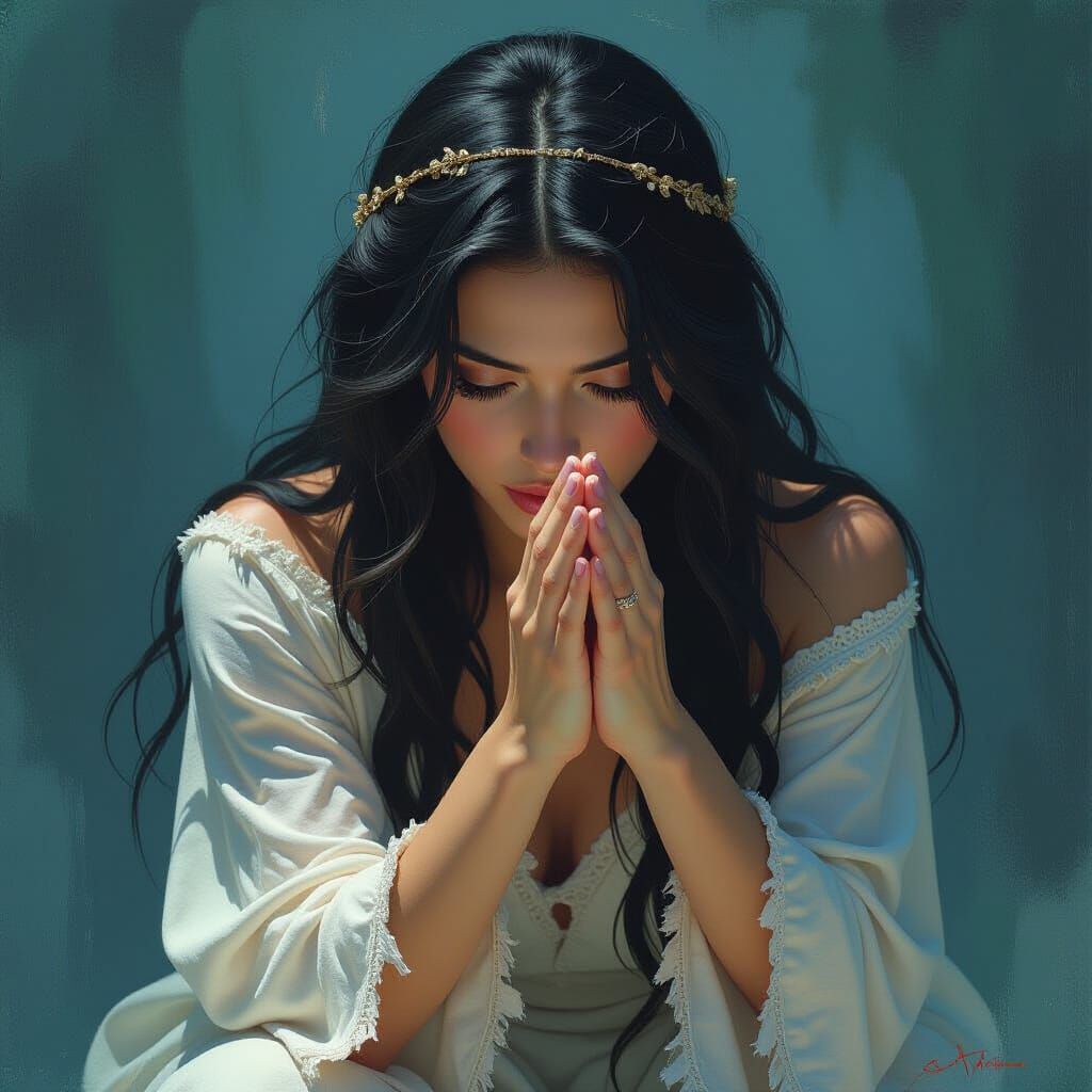 Woman in Anguish Reaching for Solace in Tattered Attire