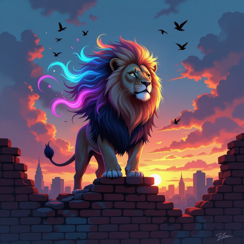 Mythical Lion with Celestial Mane on Brick Wall
