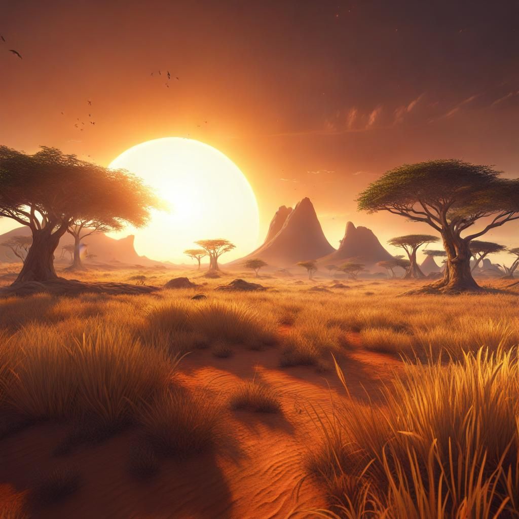 Savanna Sunset: Detailed Matte Painting in Deep Color