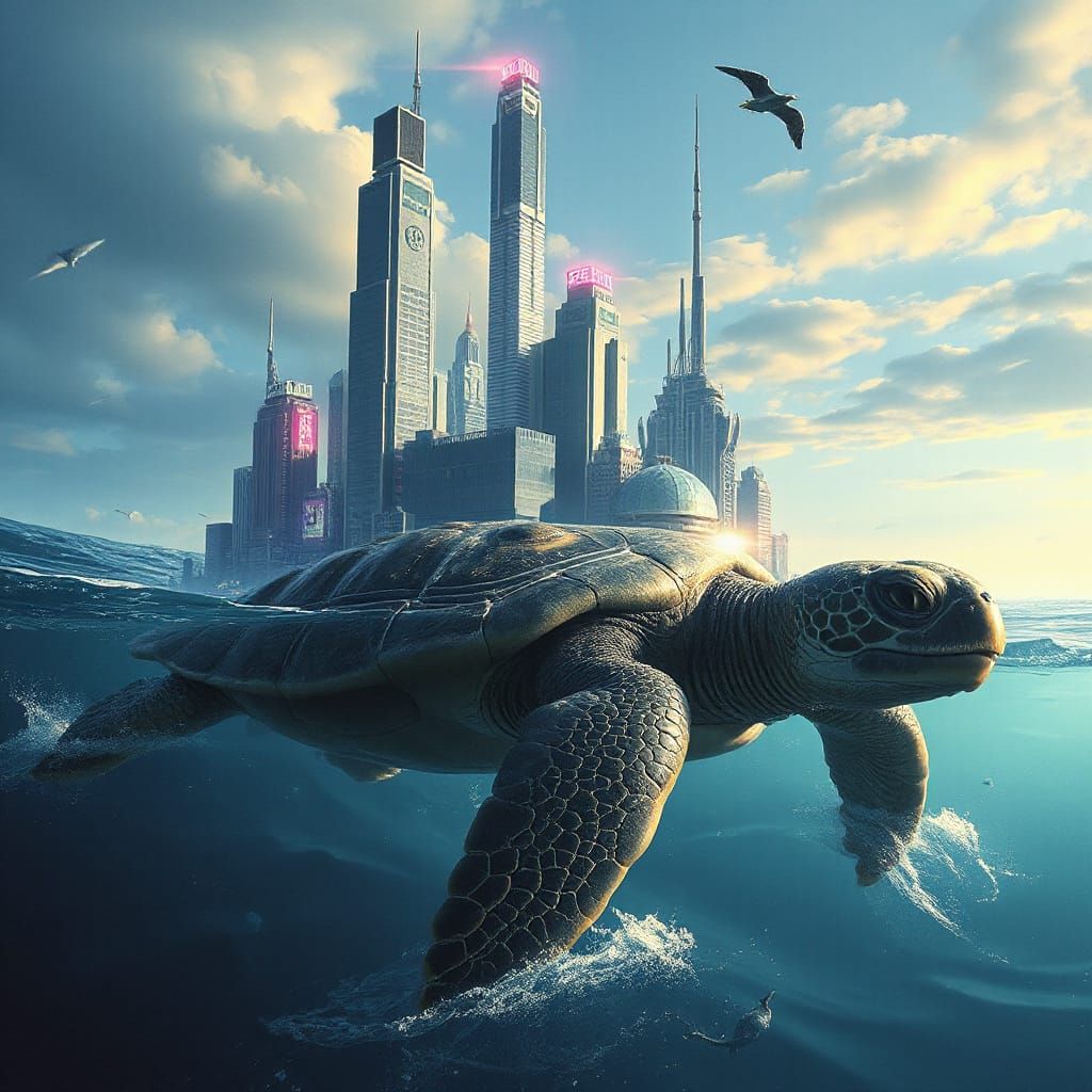 Futuristic Turtle City Floating in Ocean, Science Fiction Ar...