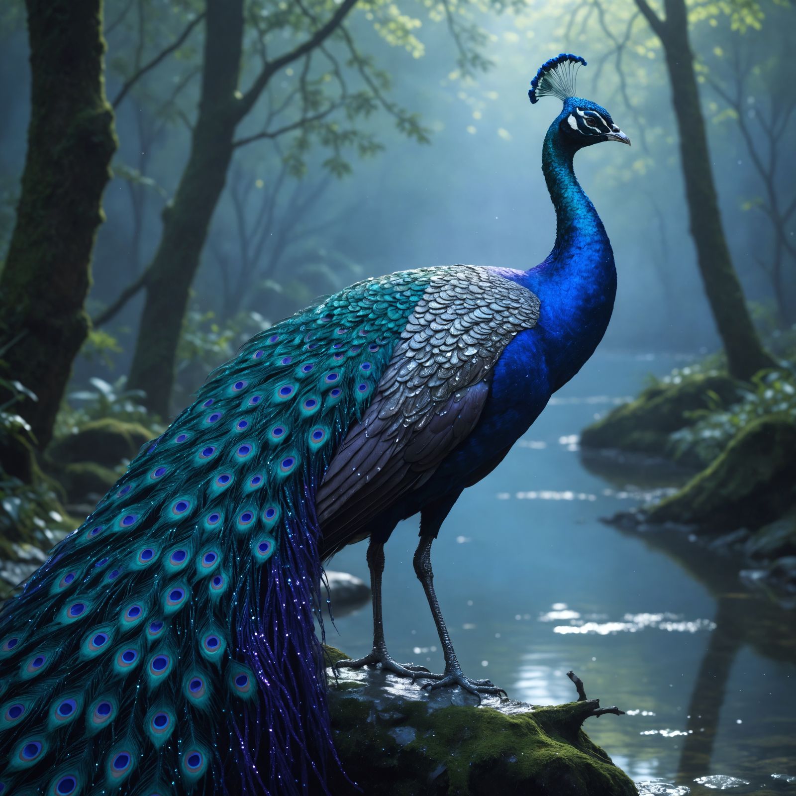 Surreal Peacock of Blues and Purples Stands by a Serene Cree...