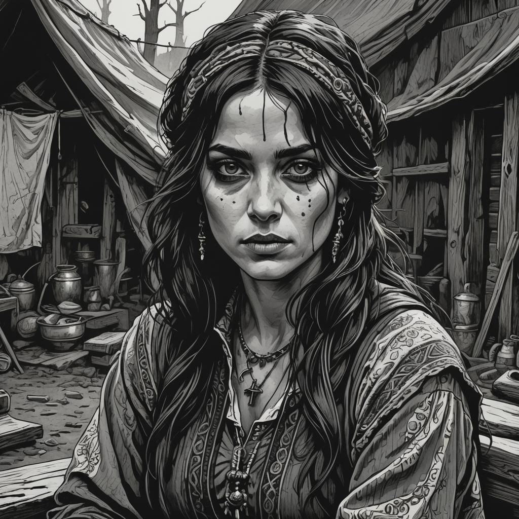 Gypsy Rogue in Woodblock Print Style