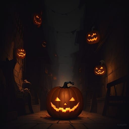 Ominous Jack-o'-Lantern in Gothic Alleyway