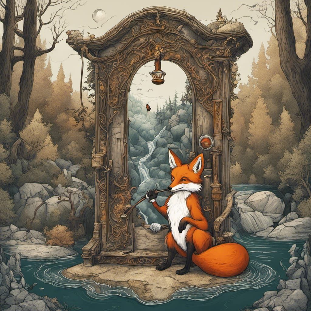 Tarot Card of Fox Smoking Pipe in Forest