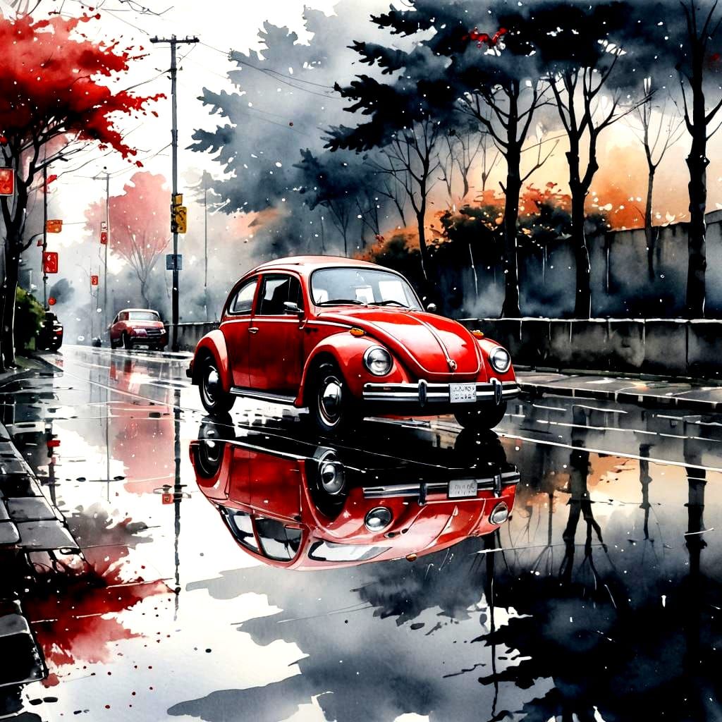 Red Beetle on Wet Road in Japanese Painting Style