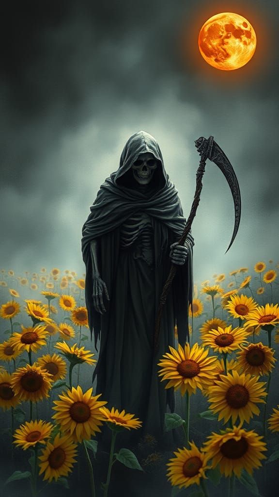 Blood Moon watercolor J.B. Waterhouse Grim reaper, dark and eerie materials, tattered cloak, haunting scythe, desolate l...