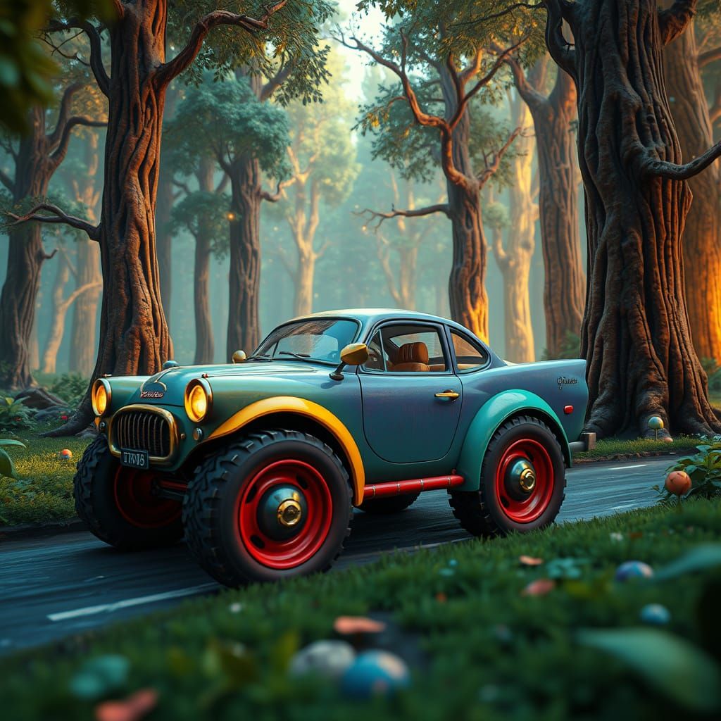 Cartoon Car in Bioluminescent Enchanted Forest