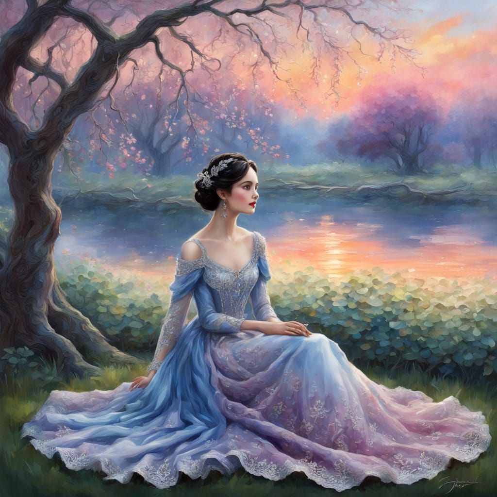 Ethereal Lady in Bright Blue Under Willow Tree at Sunset