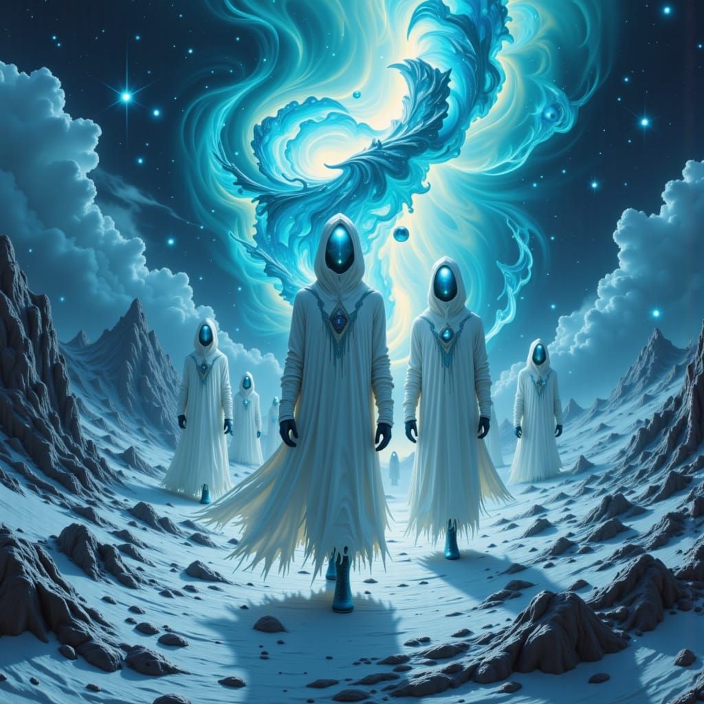 Icy Plutonian Landscape with Hooded Figures in Surreal Style