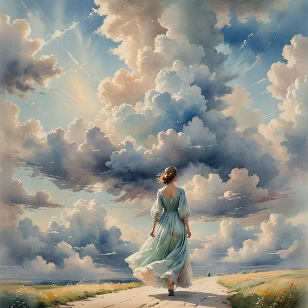 Surreal Lady in Cloud Gown on Cloudy Path