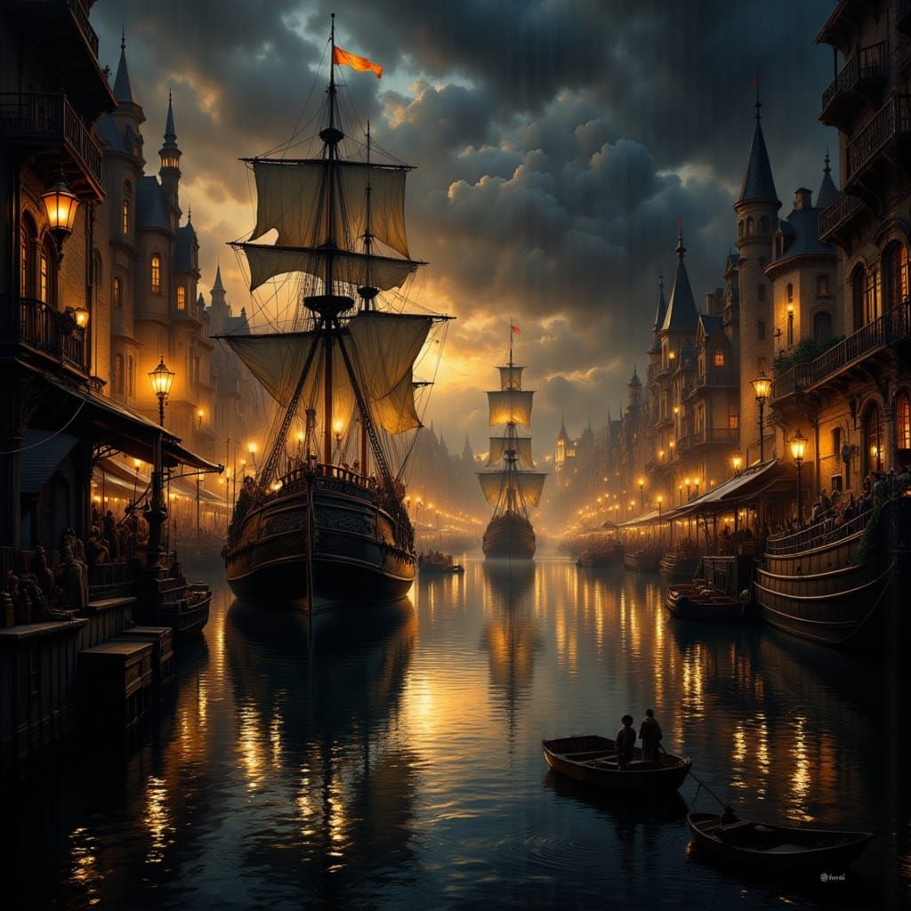 Bustling Ancient Port in Industrial Landscape Style