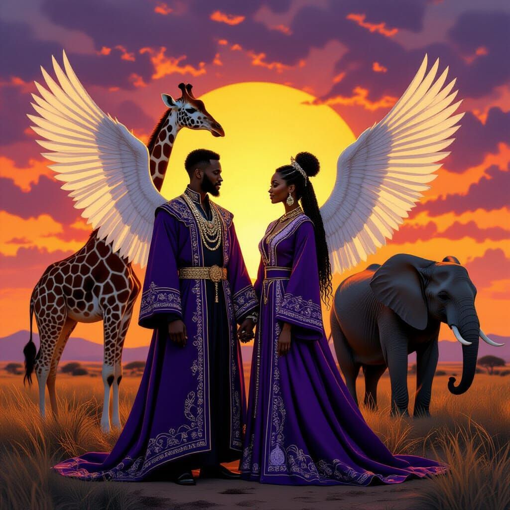 Couple with Animals and Wings at Sunrise