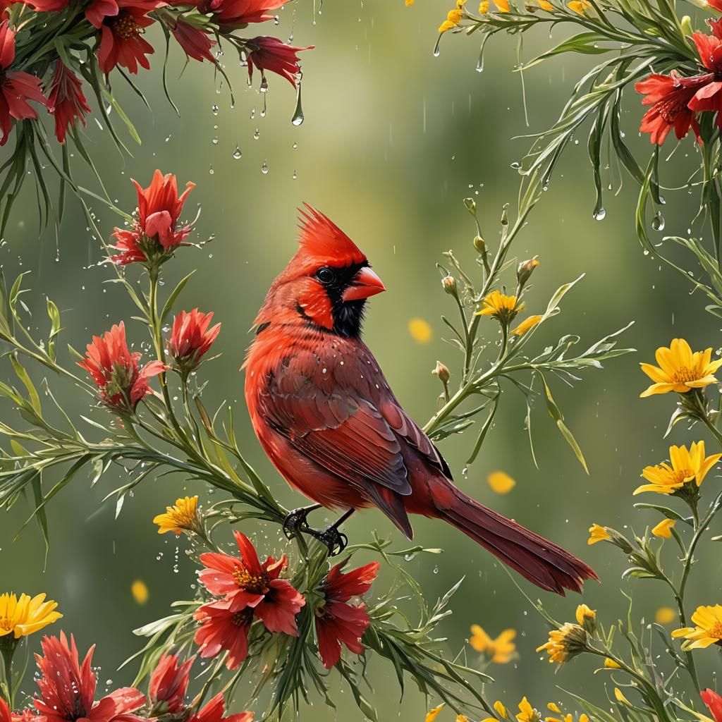 Cardinal Preening in Wildflowers: Hyper-Realistic Detail