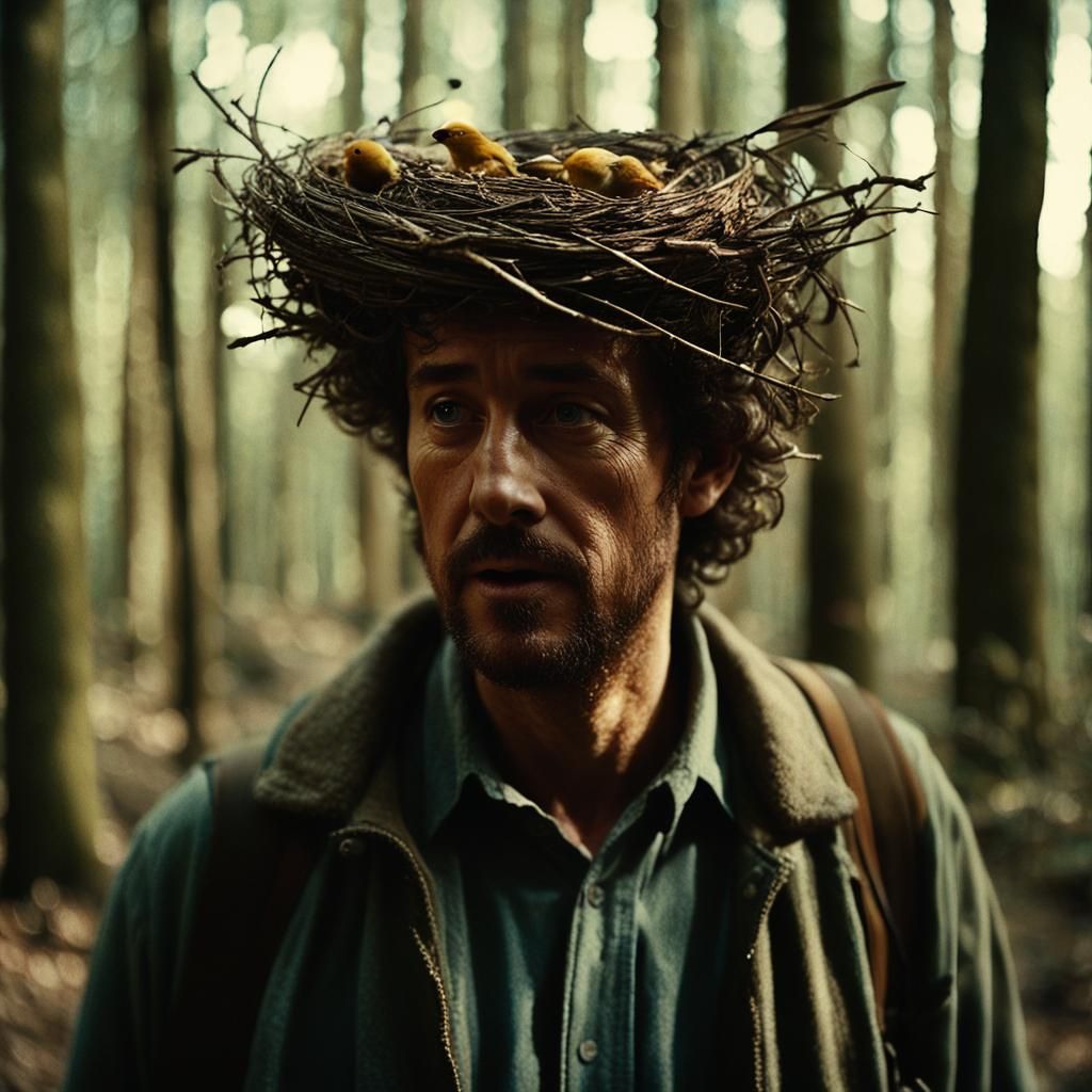 Man with Bird's Nest Hairstyle in Forest