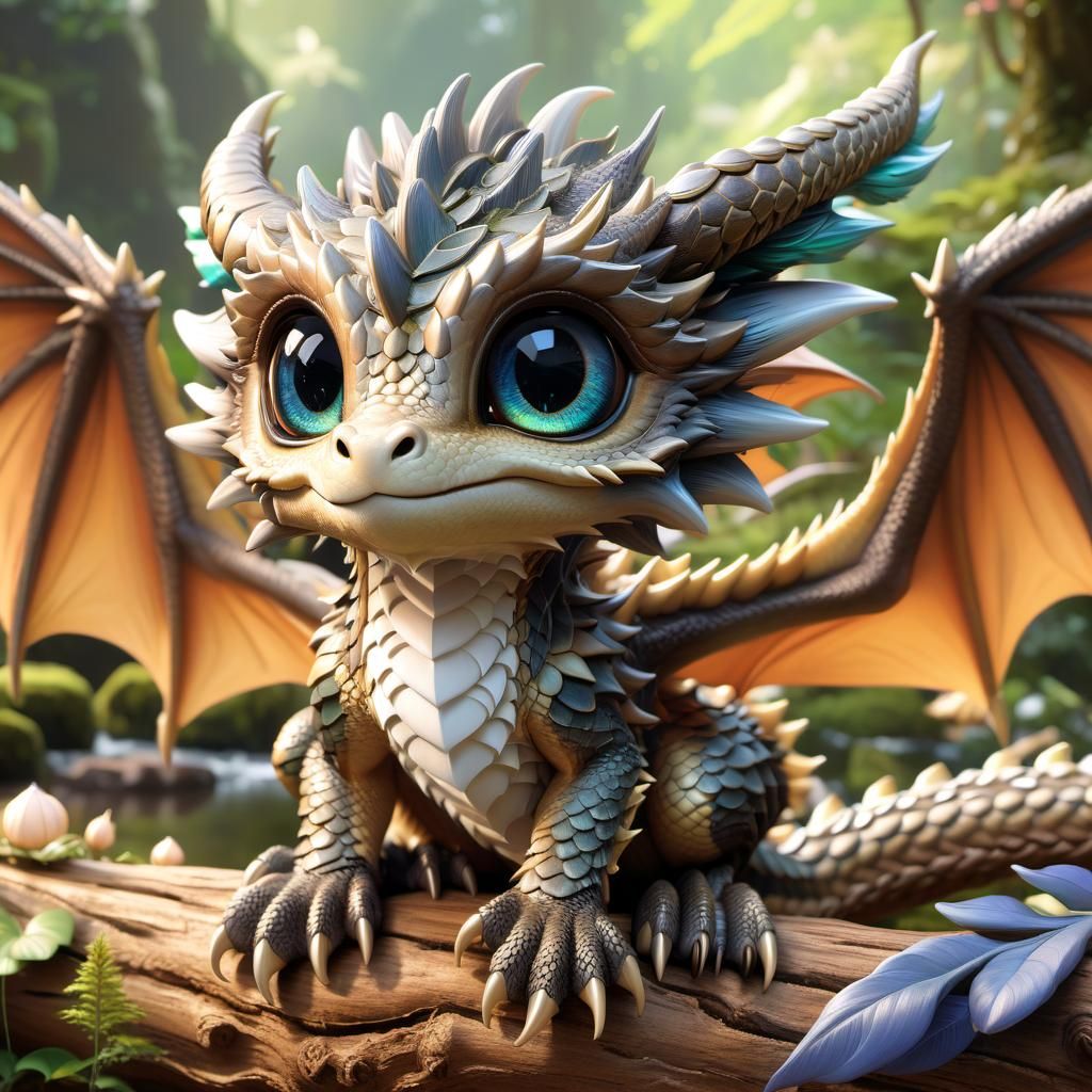 Anime Dragon Sitting on Log, Detailed 3D Render