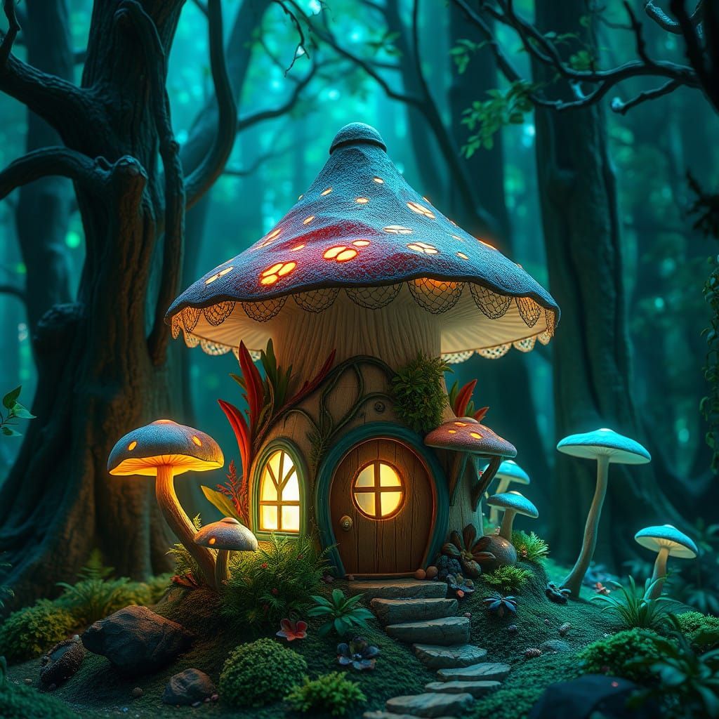 Whimsical Fairy Mushroom House in Emerald Bioluminescent For...