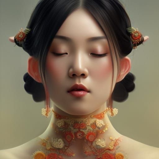Woman in Peach Dress with Lotus, Digital Art