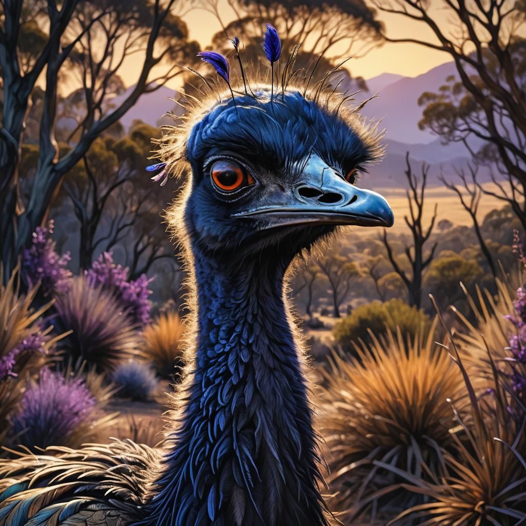 Emu Head in Natural Environment: Oil and Ink Illustration