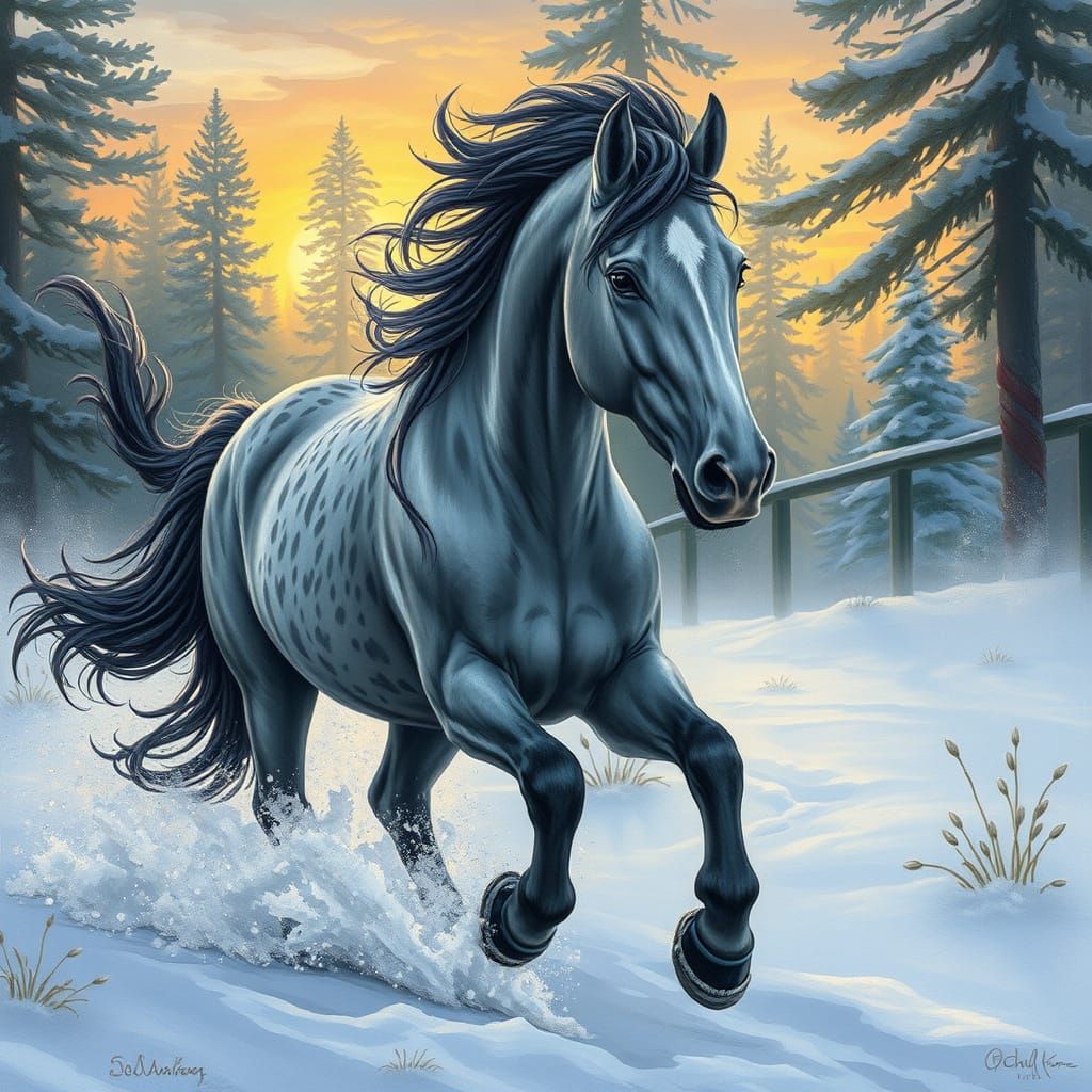 A heavy draught horse with a dappled grey coat and long flowing black and white steaked mane and tail, trotting through ...