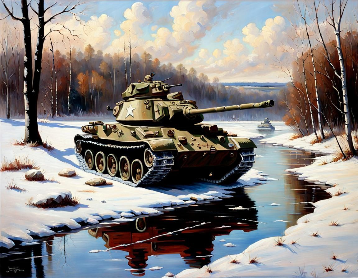 M60 Patton Tank in Winter, Oil Painting