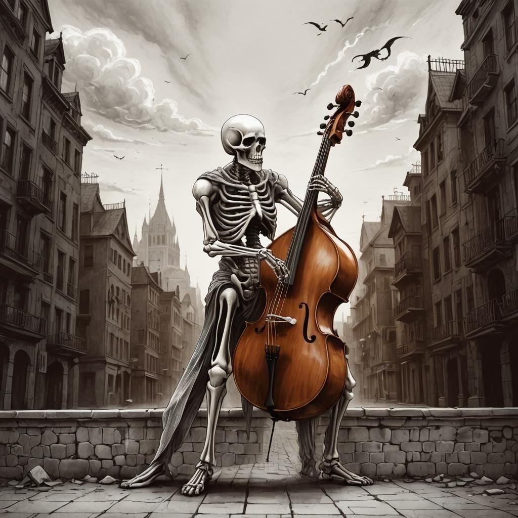 Grim Reaper Musician in Spooky Cityscape Drawing
