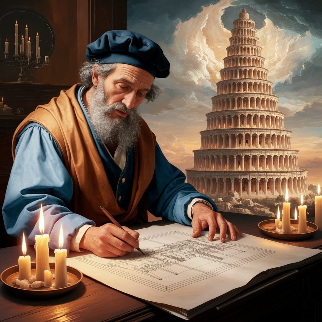 Architect Sketching Tower of Babel in Renaissance Style