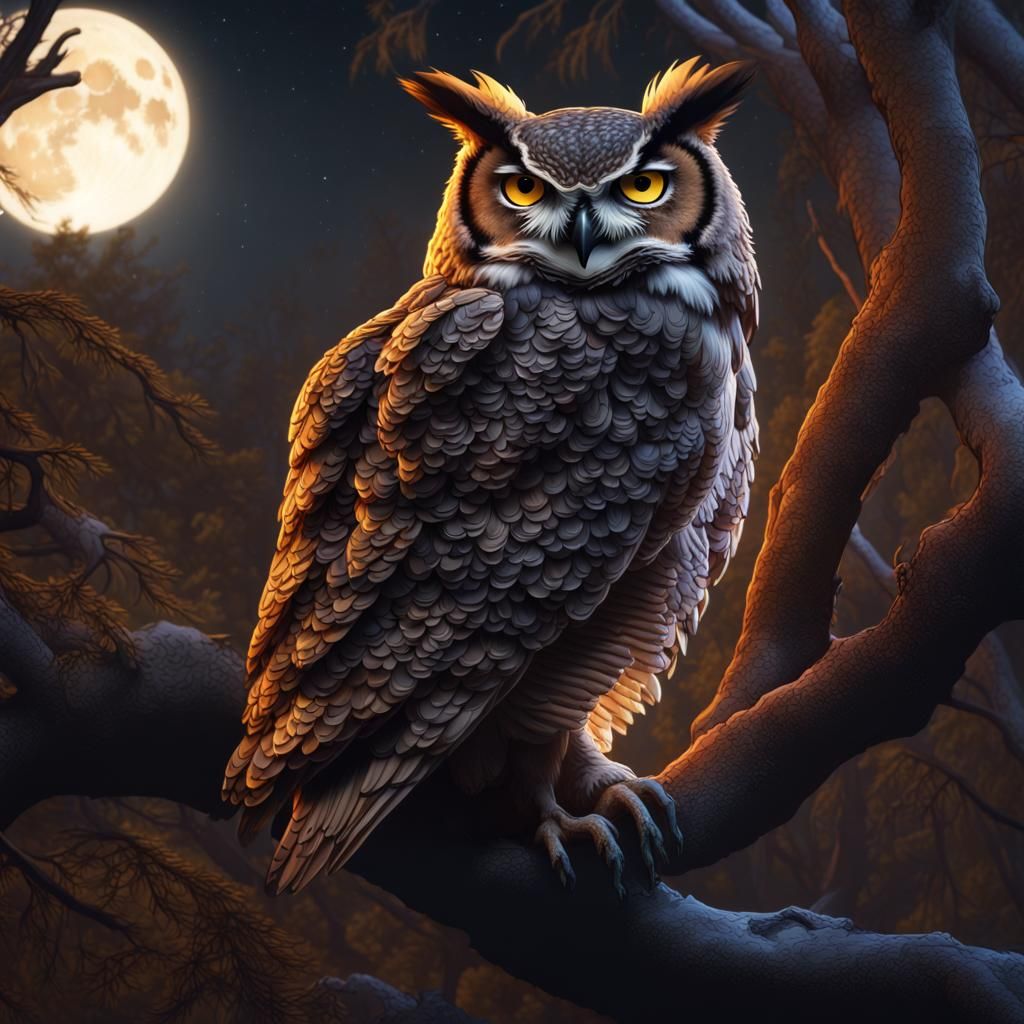 Great Horned Owl Under Moonlight: Digital Matte Painting