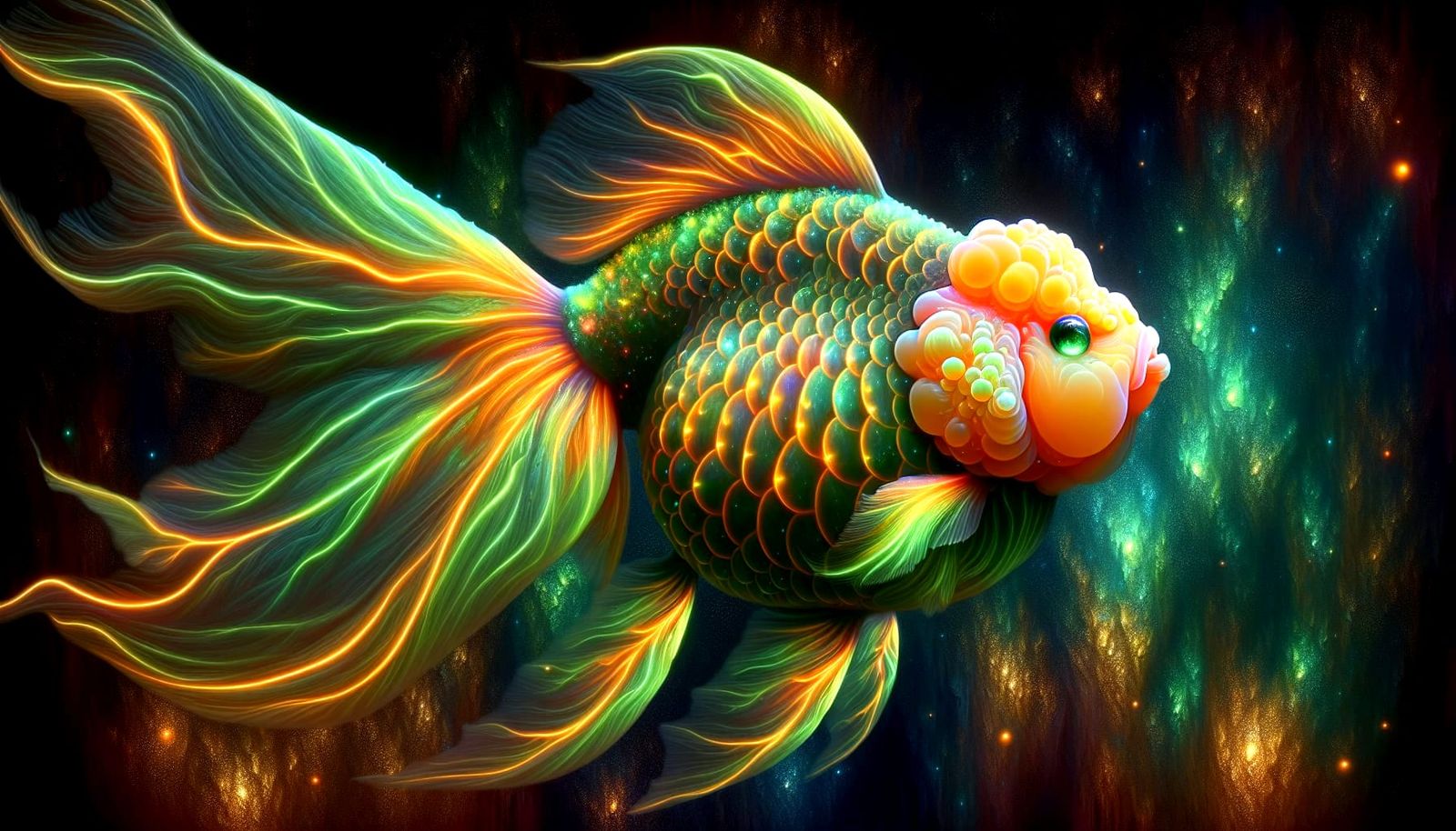 Neon Alien Goldfish with Bioluminescent Glow