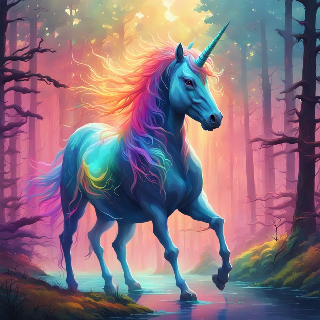 Ethereal Fantasy Unicorn in Vibrant, Dreamlike Landscape