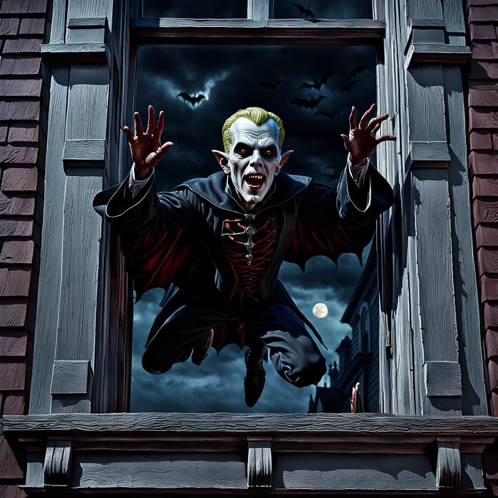 Vampire Boy Floating Outside Window, Detailed Matte Painting