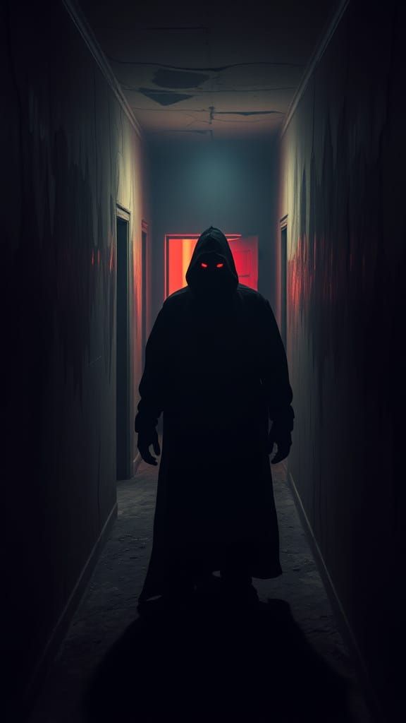 Dark Figure Lurking in a Haunting, Gothic Hallway