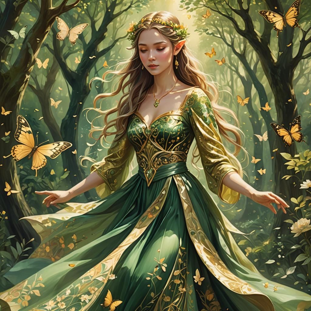 Elven Princess Plays Sanshin in Whimsical Forest